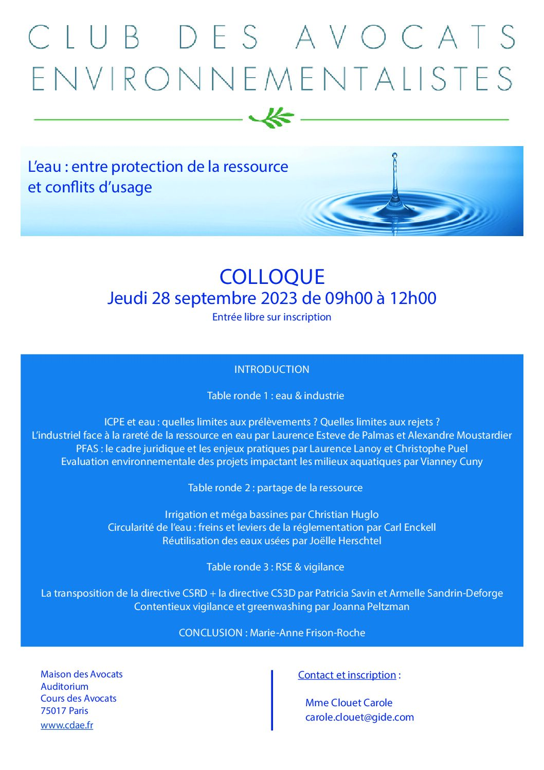 Save the date – Colloque « Eau » du Club des avocats environnementalistes